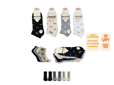 XGRİ POLO B-87-4 (35-40) Yıkamalı Dikişsiz Bayan Penye Patik Çorap 12'li