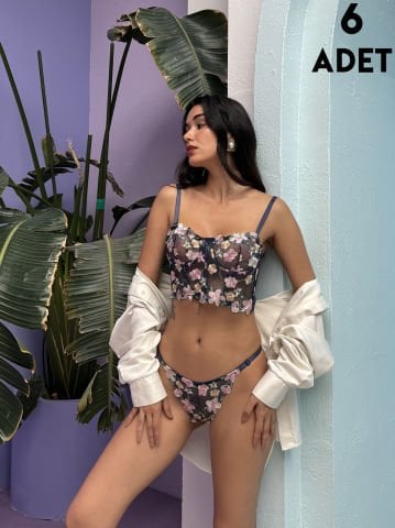Cansoy 684 Lacivert Çiçekli Balenli Desteksiz Bustiyer Takım 6'lı
