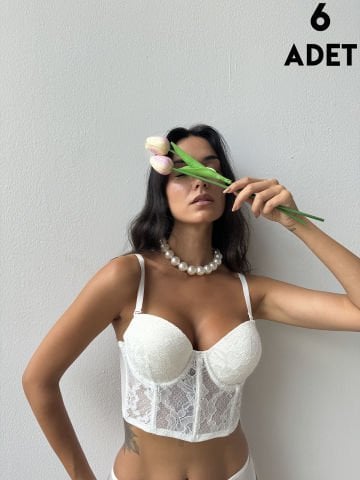 Cansoy 685 Ekru Simli Lez Balenli Destekli Bustiyer Takım 6'lı