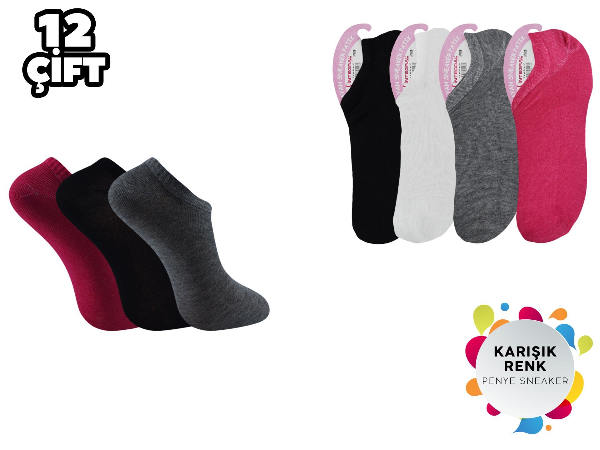 İntegral 006 Karışık Renk Bayan Penye Sneakers Çorap 12'li