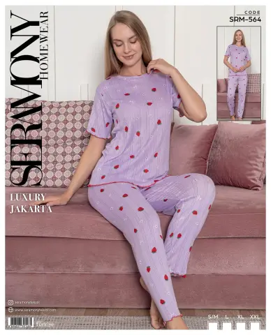 Seramony 564 (S-M-L-XL-XXL) Bayan Jakarlı  Kısa Kollu Pijama Takımı 4'lü