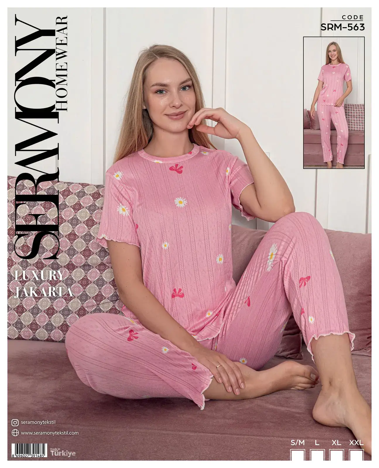 Seramony 563 (S-M-L-XL-XXL) Bayan Jakarlı  Kısa Kollu Pijama Takımı 4'lü