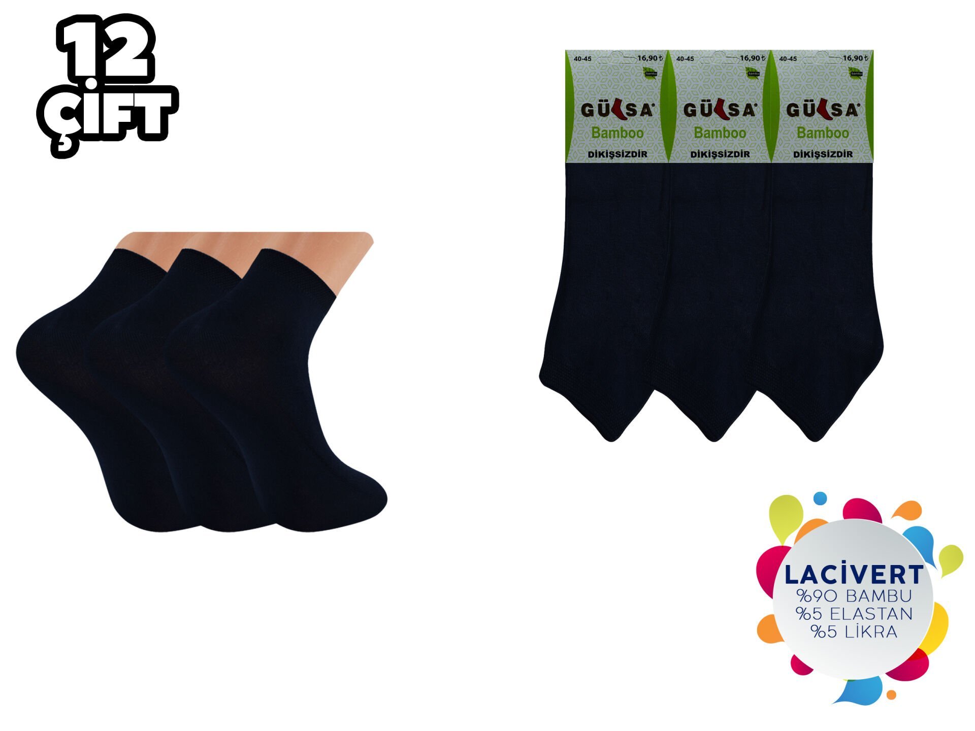 Gülsa (40-45) Dikişsiz Erkek Bambu Patik Çorap 12'li LACİVERT - 40-44 NO