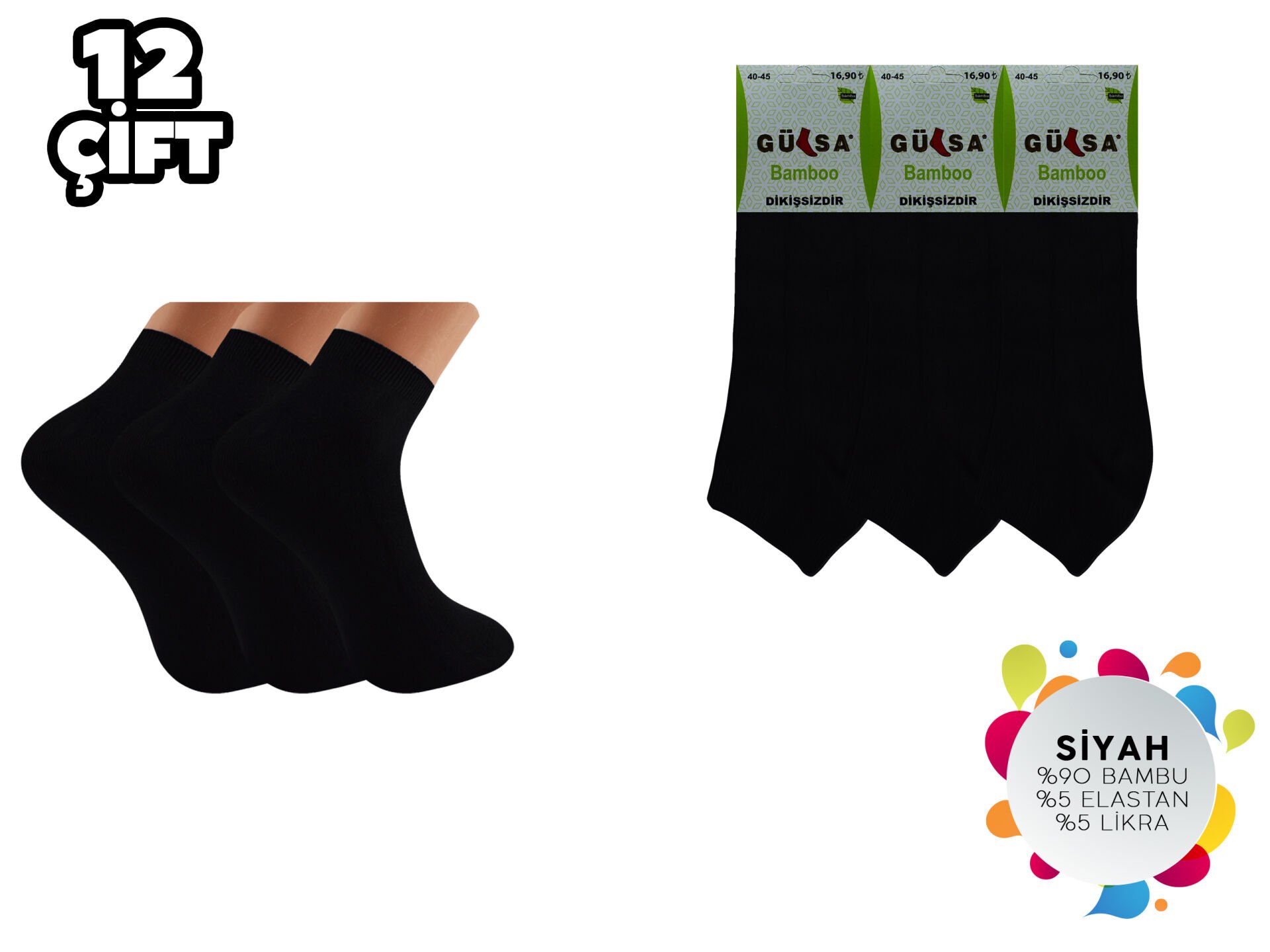 Gülsa (40-45) Dikişsiz Erkek Bambu Patik Çorap 12'li SİYAH - 40-44 NO