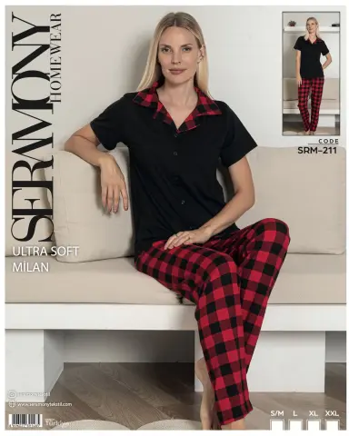 Seramony 211 (S-M-L-XL-XXL) Soft Milan Kısa Kollu Boydan Düğmeli Bayan Pijama Takım 4'lü