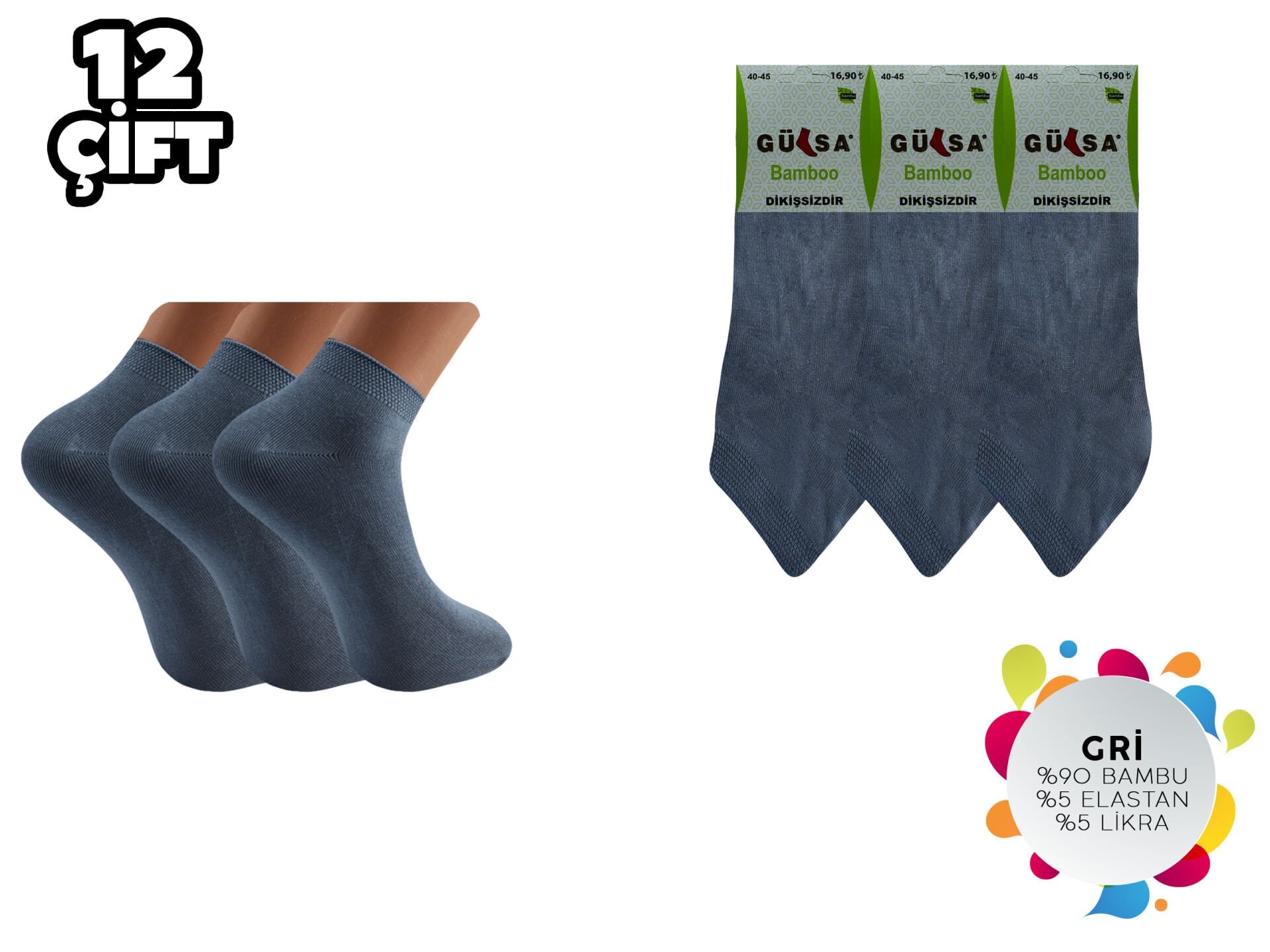 Gülsa (40-45) Dikişsiz Erkek Bambu Patik Çorap 12'li GRİ - 40-44 NO