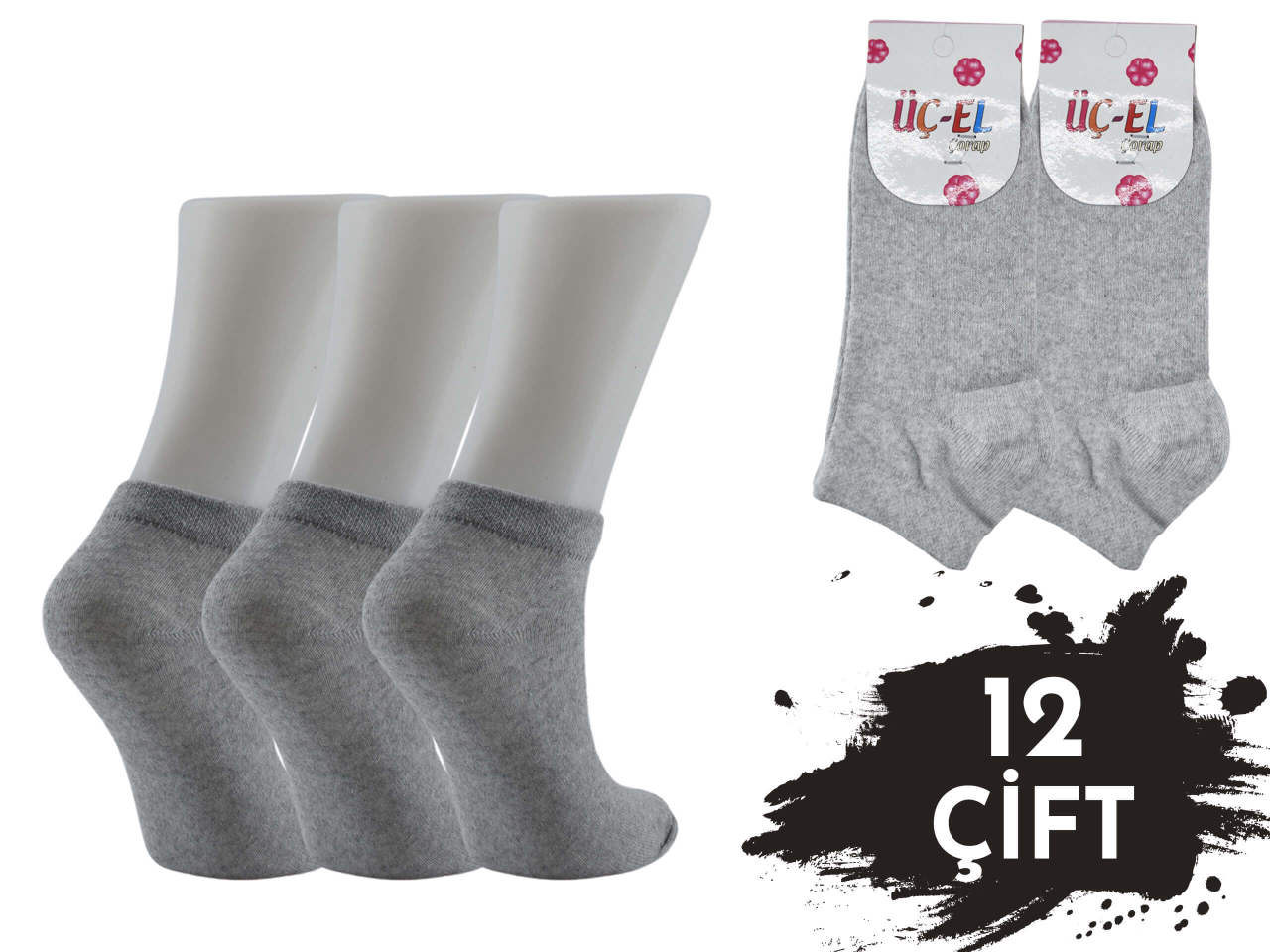 Üçel Düz Gri Ekonomik Bayan Penye Patik 12'li