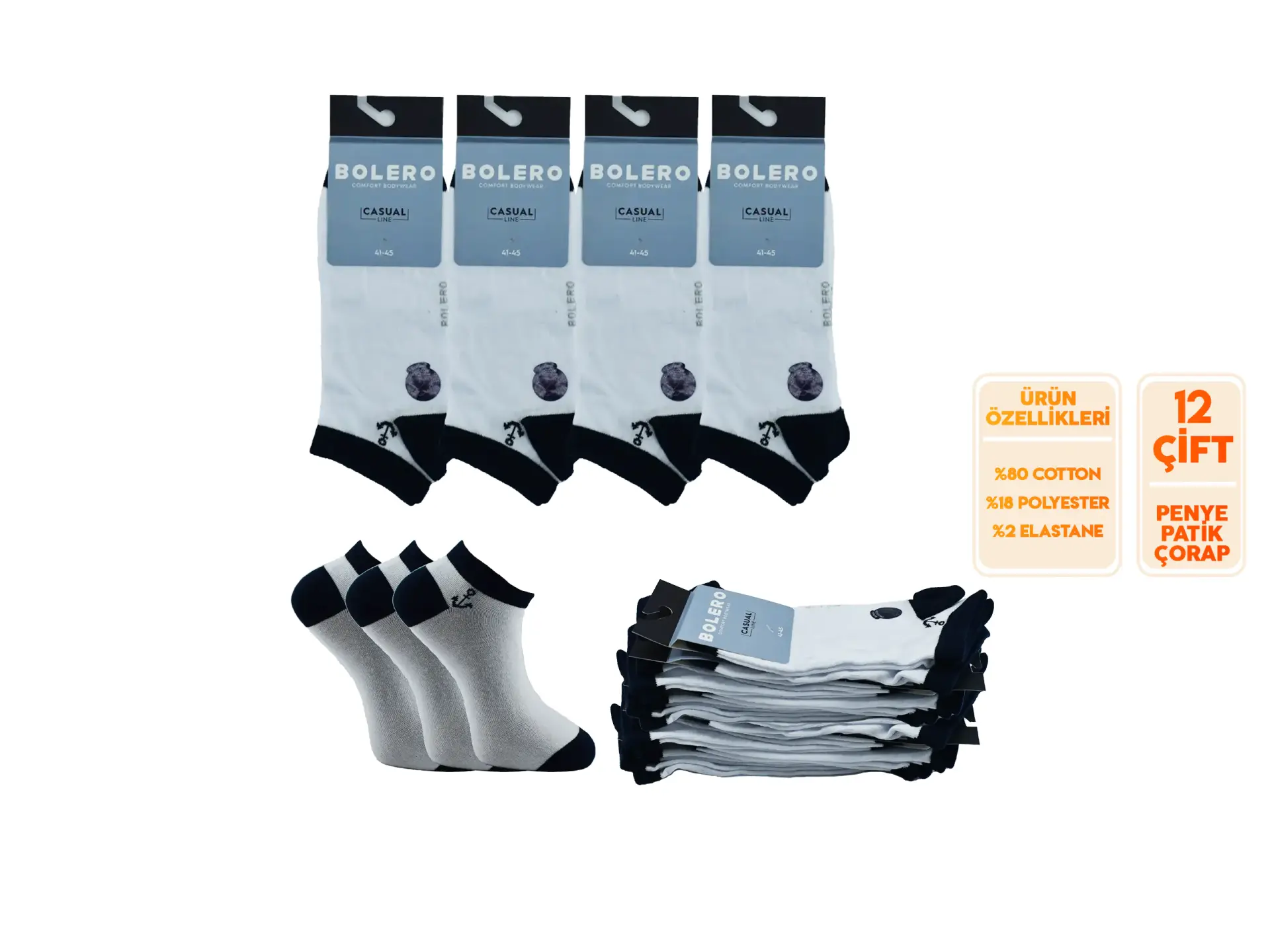 Bolero E-20-3 (41-45 NO) Dikişsiz Erkek Penye Patik Çorap 12'li