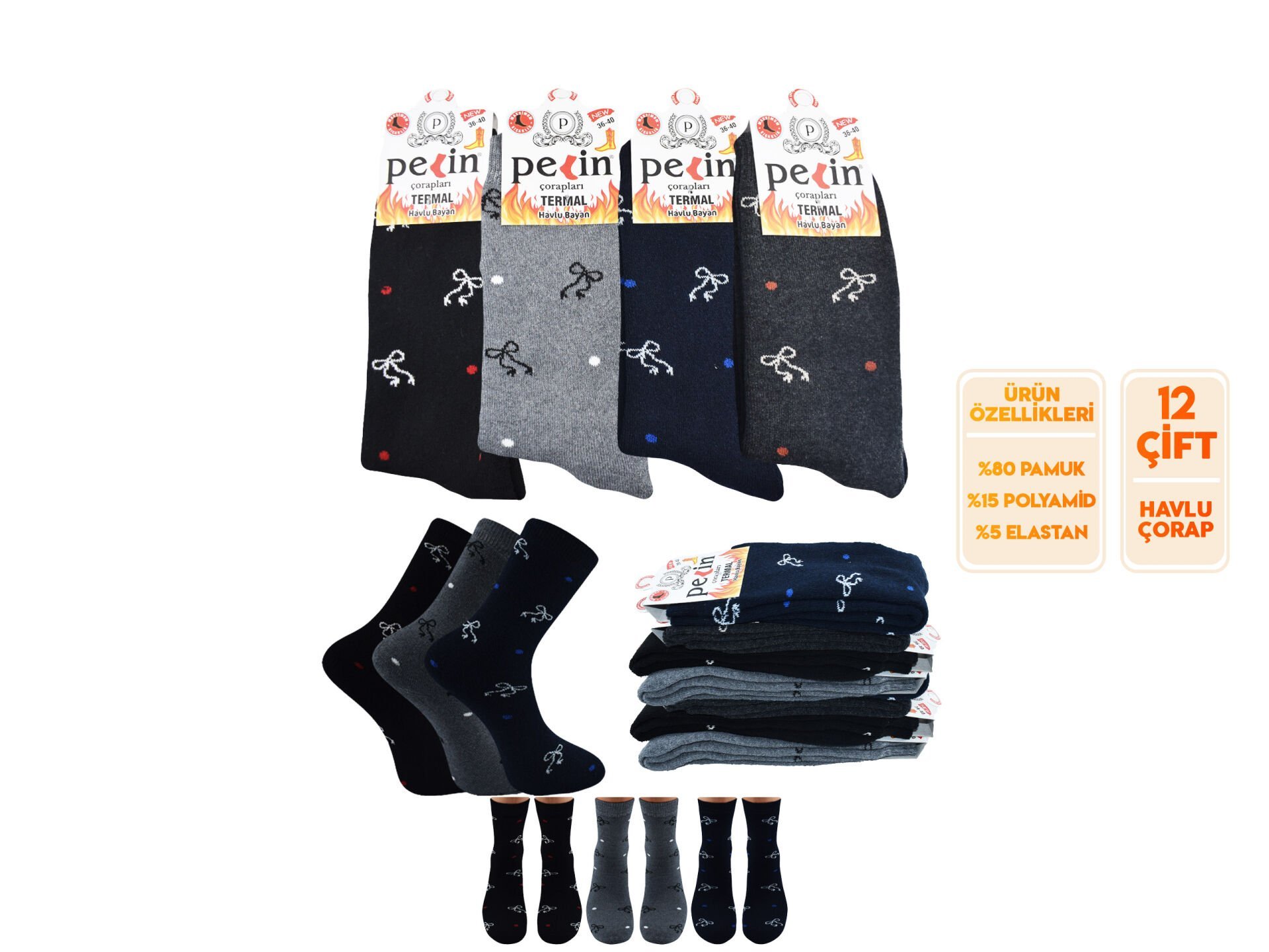 Pelin 10-18 Kışlık Bayan Termal Havlu Çorap 12'li