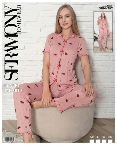 Seramony 307 (S-M-L-XL-XXL) Bayan Jakarlı Fiyonklu  Kısa Kollu Pijama Takımı 4'lü