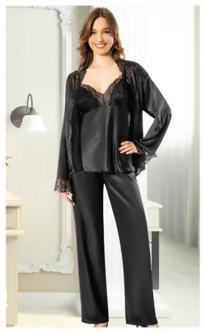 Miss Laris 5084 (M-L-XL) Bayan Üçlü Saten Takım