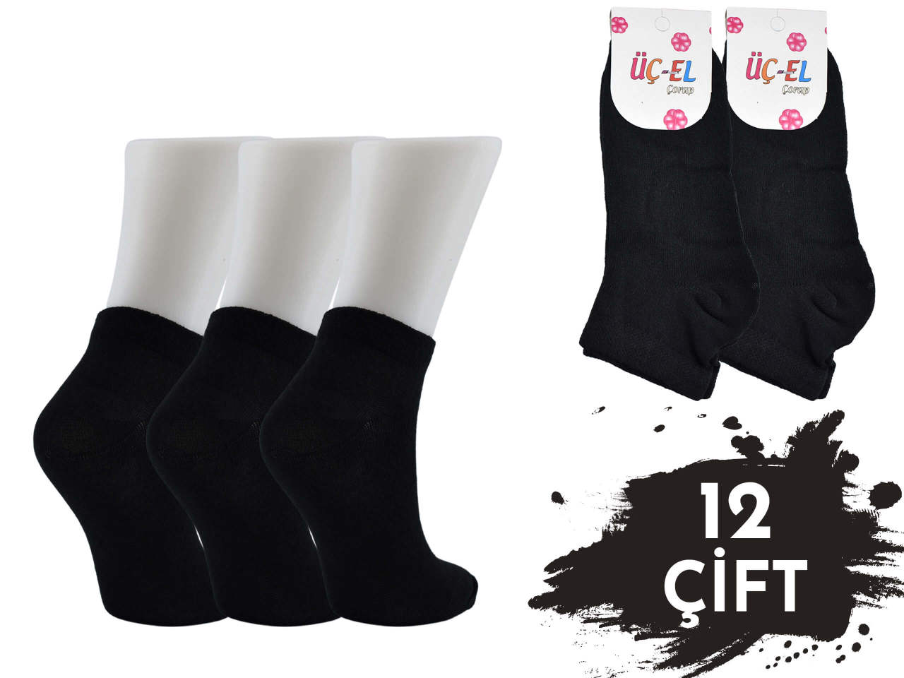 Üçel Düz Siyah Ekonomik Bayan Penye Patik 12'li