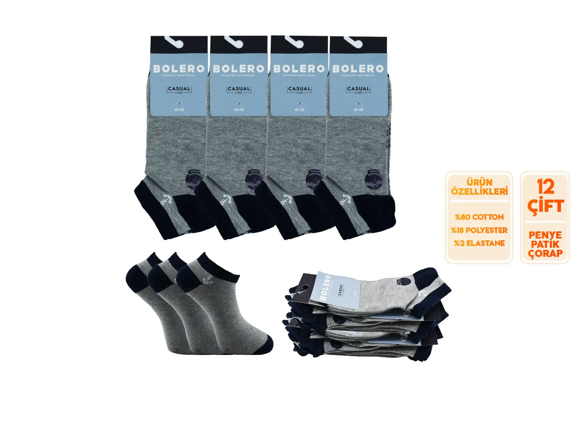 Bolero E-20-7 (41-45 NO) Dikişsiz Erkek Penye Patik Çorap 12'li