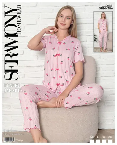Seramony 306 (S-M-L-XL-XXL) Bayan Jakarlı Fiyonklu  Kısa Kollu Pijama Takımı 4'lü