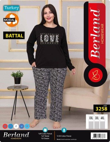 Berland 3258 Bayan Modal Uzun Kol Battal Pijama Takımı
