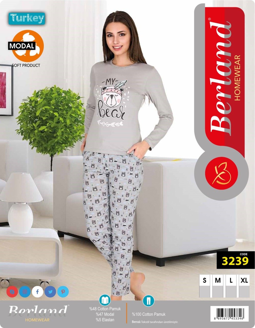 Berland 3239 Bayan Modal Uzun Kol Pijama Takımı
