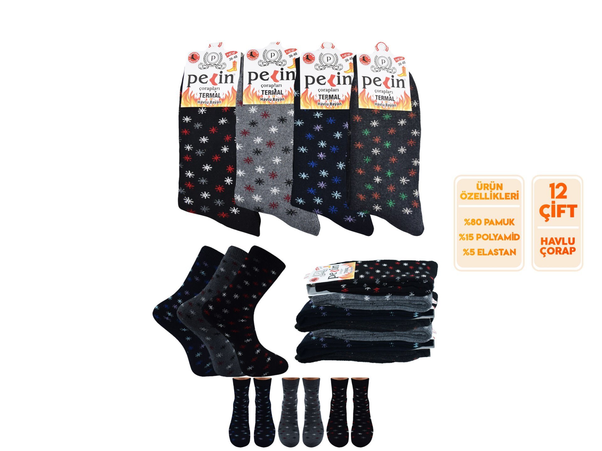 Pelin 10-14 Kışlık Bayan Termal Havlu Çorap 12'li