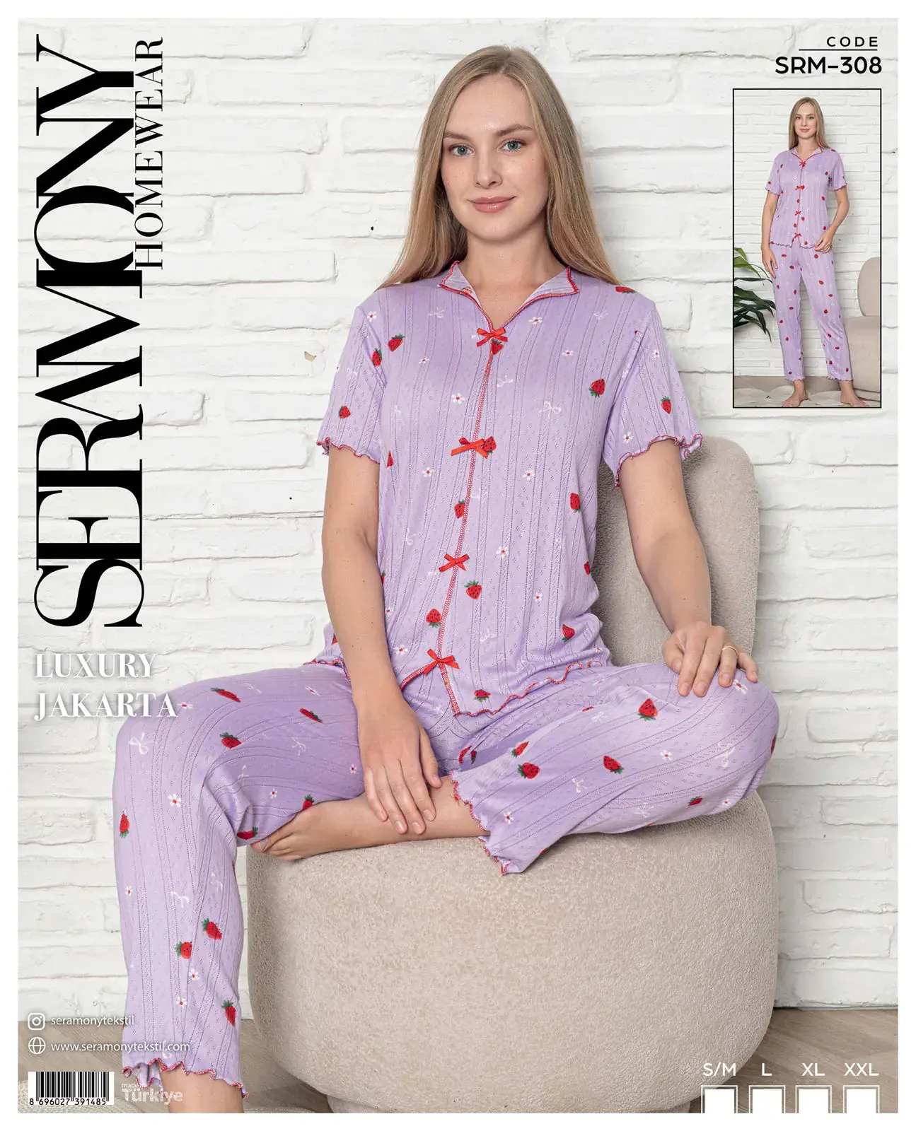 Seramony 308 (S-M-L-XL-XXL) Bayan Jakarlı Fiyonklu  Kısa Kollu Pijama Takımı 4'lü
