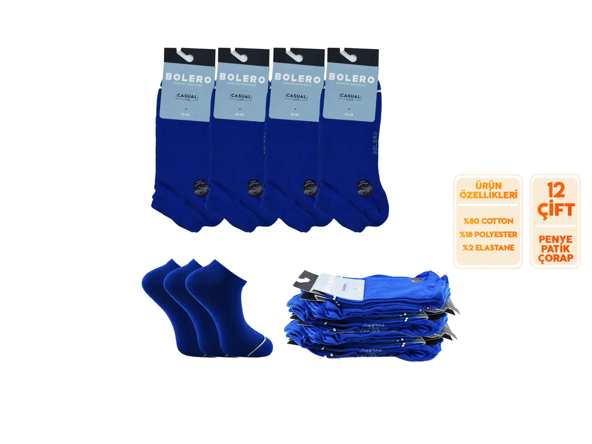 Bolero E-20-1 (41-45 NO) Dikişsiz Erkek Penye Patik Çorap 12'li