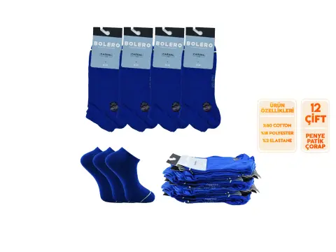 Bolero E-20-1 (41-45 NO) Dikişsiz Erkek Penye Patik Çorap 12'li