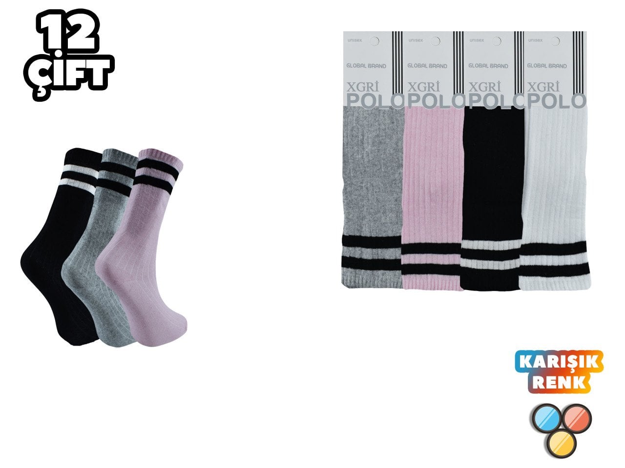 XGRİ POLO 51 Dizaltı Çizgili Bayan Kolej Çorap 12'li