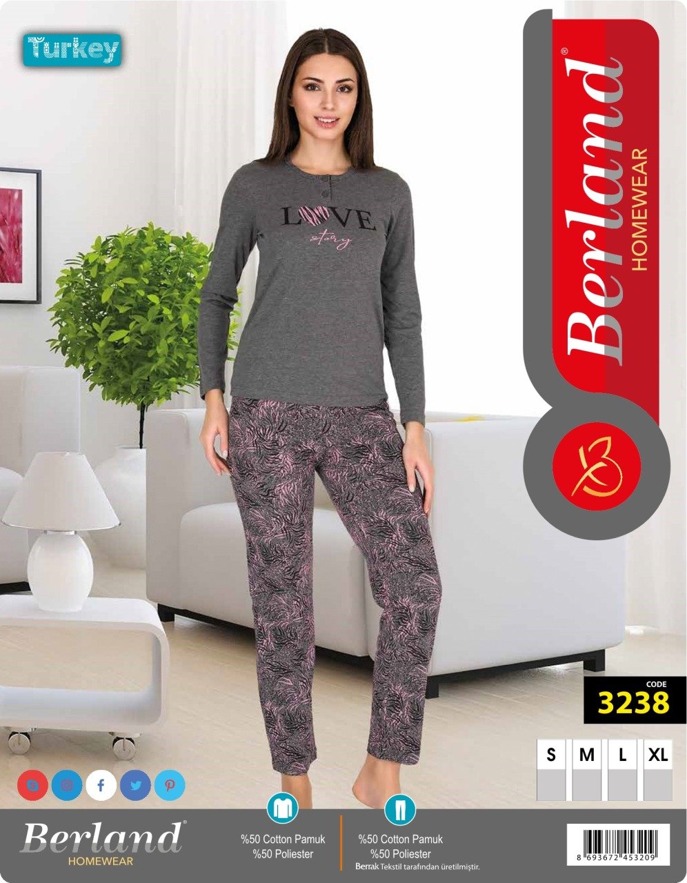 Berland 3238 Bayan Modal Uzun Kol Pijama Takımı