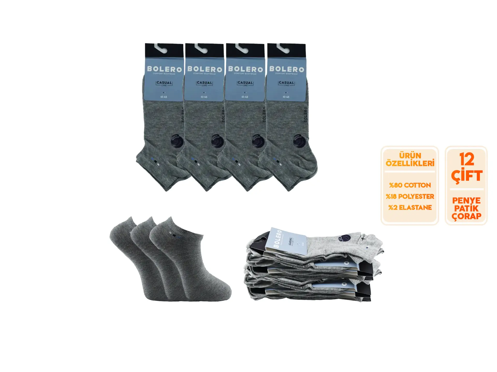 Bolero E-20-6 (41-45 NO) Dikişsiz Erkek Penye Patik Çorap 12'li