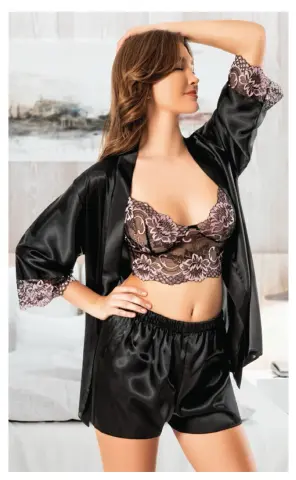 Miss Laris 5078 (M-L-XL) Bayan Üçlü Saten Şortlu Takım