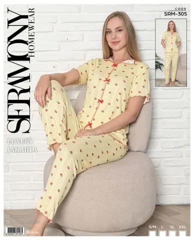 Seramony 305 (S-M-L-XL-XXL) Bayan Jakarlı Fiyonklu  Kısa Kollu Pijama Takımı 4'lü