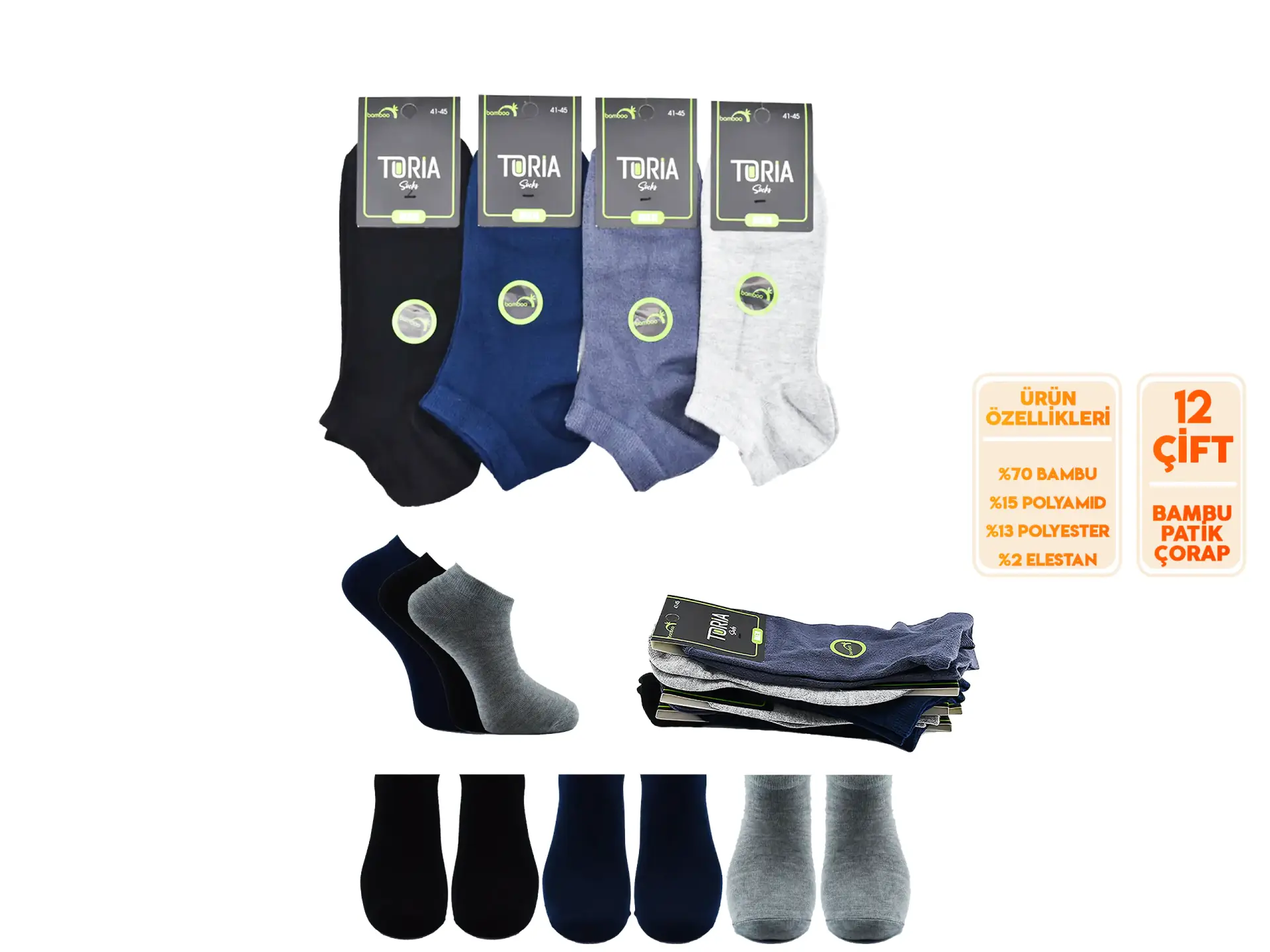 Toria E16 (41-45) Erkek Bambu Patik Çorap 12'li