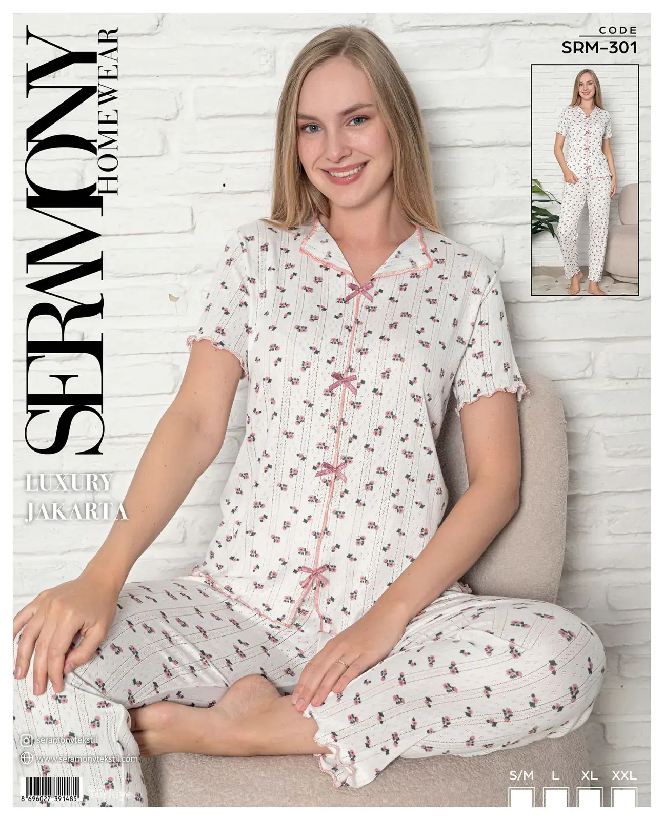 Seramony 301 (S-M-L-XL-XXL) Bayan Jakarlı Fiyonklu  Kısa Kollu Pijama Takımı 4'lü