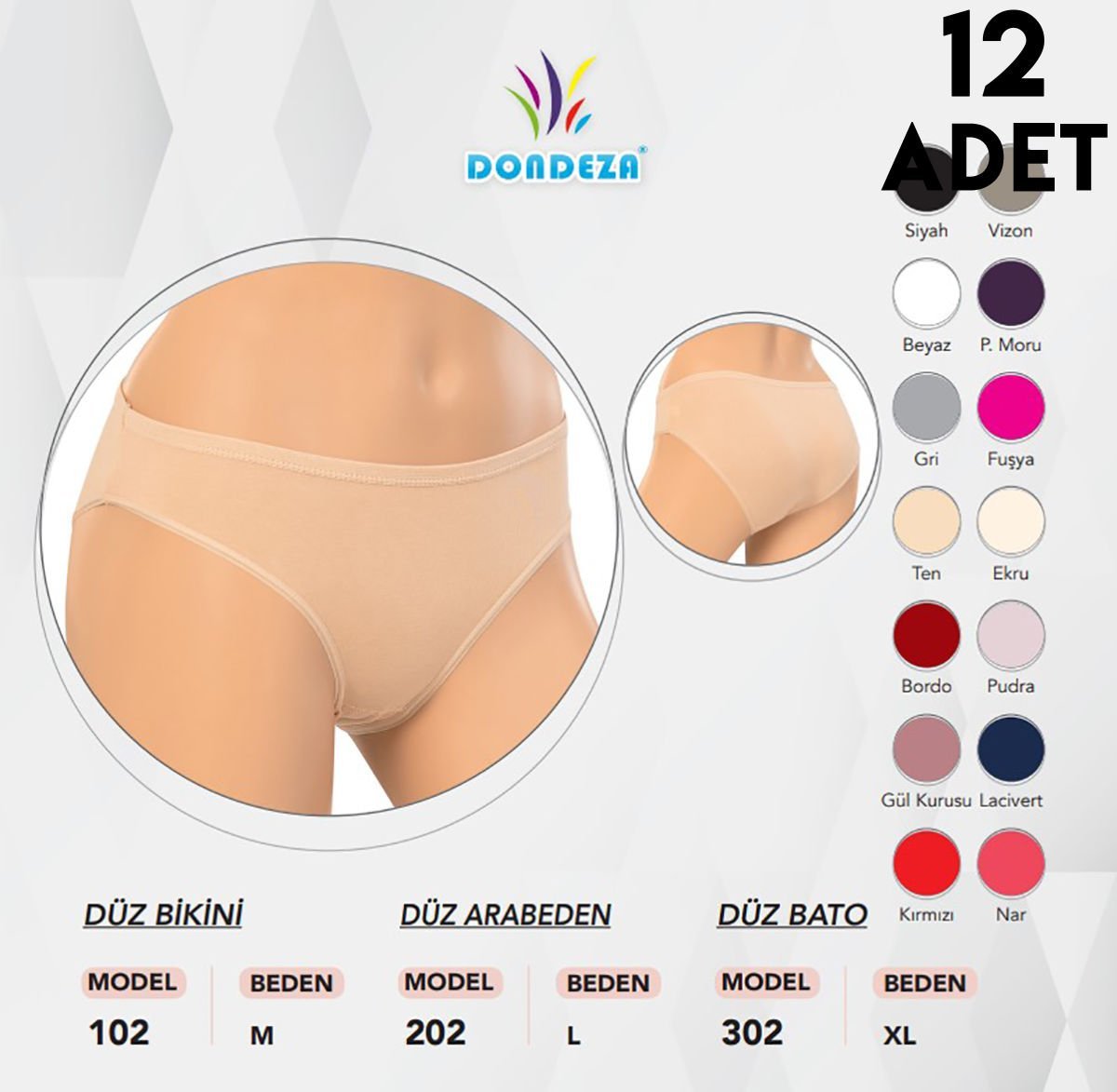 Dondeza 202 Düz Renk Bayan L Beden Külot 12'li