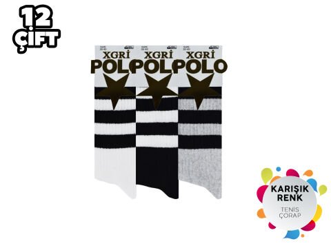 XGRİ POLO 27-1 Kız Erkek Çocuk Yıkamalı Penye Tenis Çorap 12'li