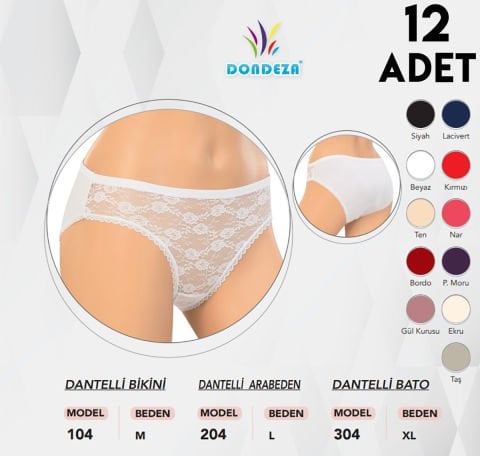 Dondeza 204 Dantelli Bayan Ara Beden Külot 12'li
