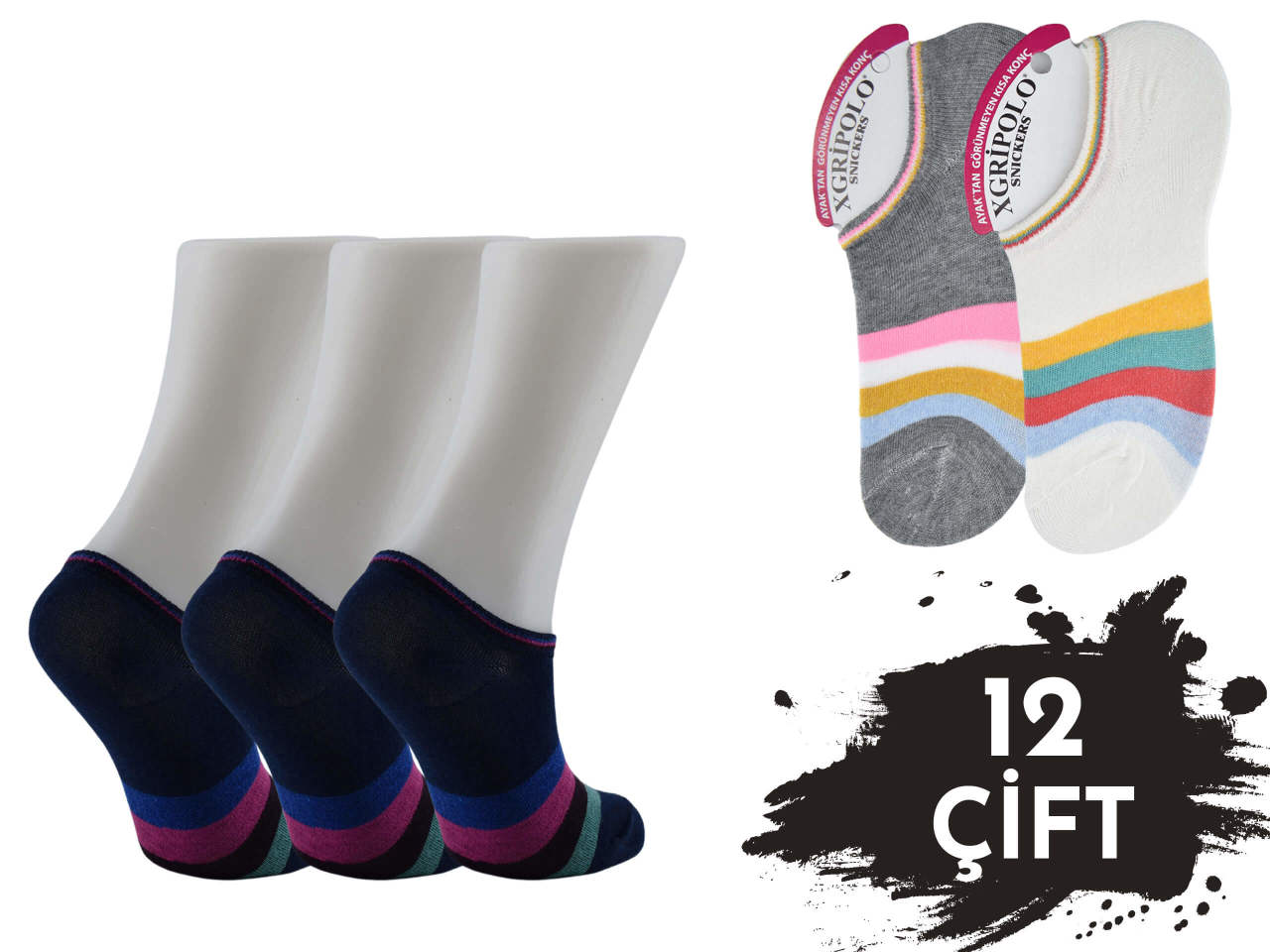 XGRİ POLO 3'lü Bayan Penye Sneakers 12'li