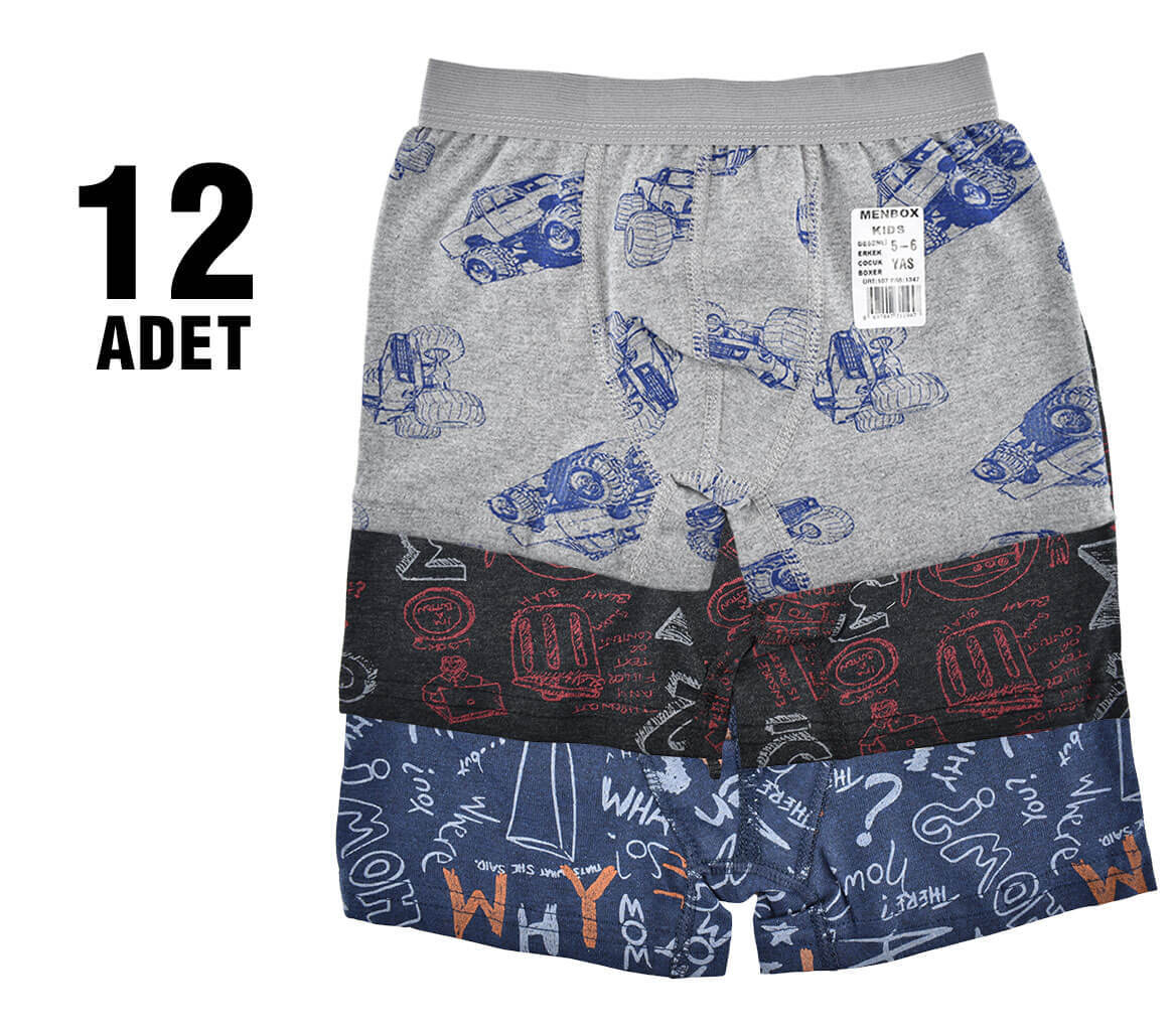 Menbox Desenli Erkek Çocuk Boxer 12'li