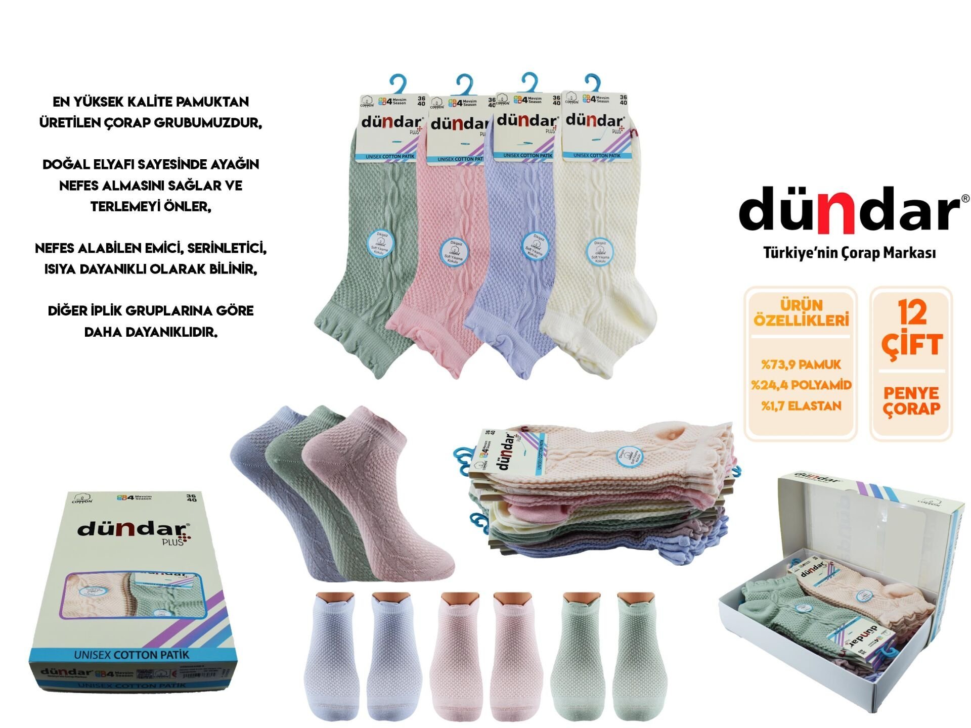 Dündar 4308-20 (36-40) Dikişsiz Yıkamalı Kokulu Bayan Penye Patik Çorap 12'li