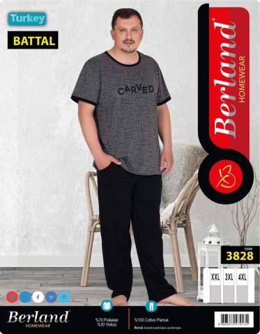 Berland 3828 Jakarlı Kısa Kol Battal Erkek  Pijama Takımı