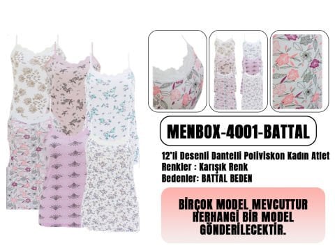 Menbox 4001 Battal Beden Desenli Bayan İp Askılı Atlet 12'li