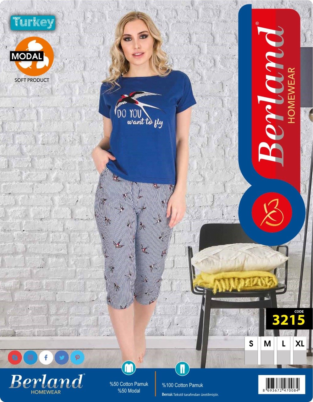 Berland 3215 Bayan Modal Kısa Kol Kapri Pijama Takımı