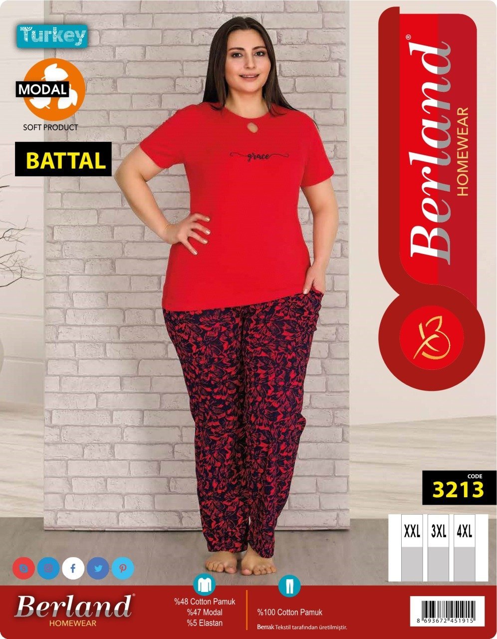 Berland 3213 Bayan Modal Kısa Kol Battal Pijama Takımı