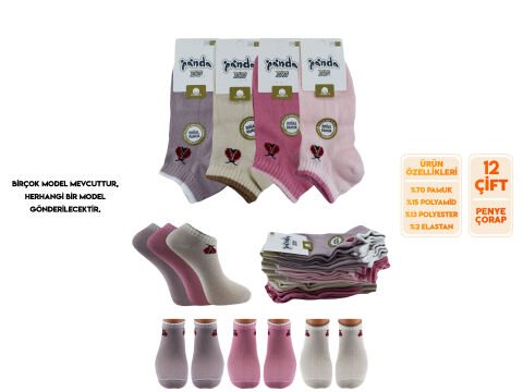 Panda 03 (3-12 Yaş) Doğal Pamuk Yıkamalı Kız Erkek Patik Çorap 12'li
