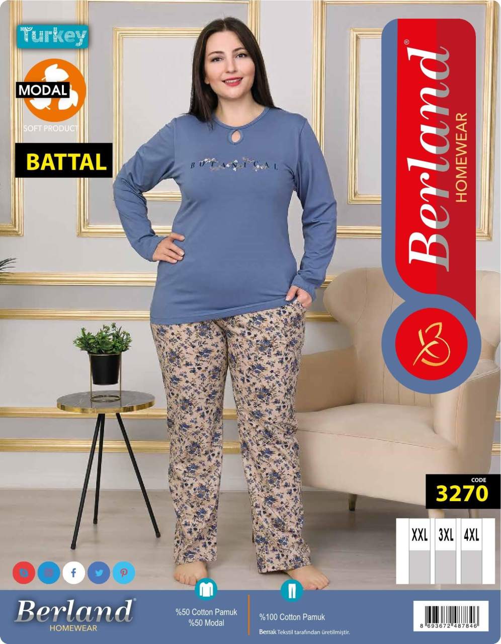 Berland 3270 Modal Uzun Kol Battal Bayan Pijama Takımı