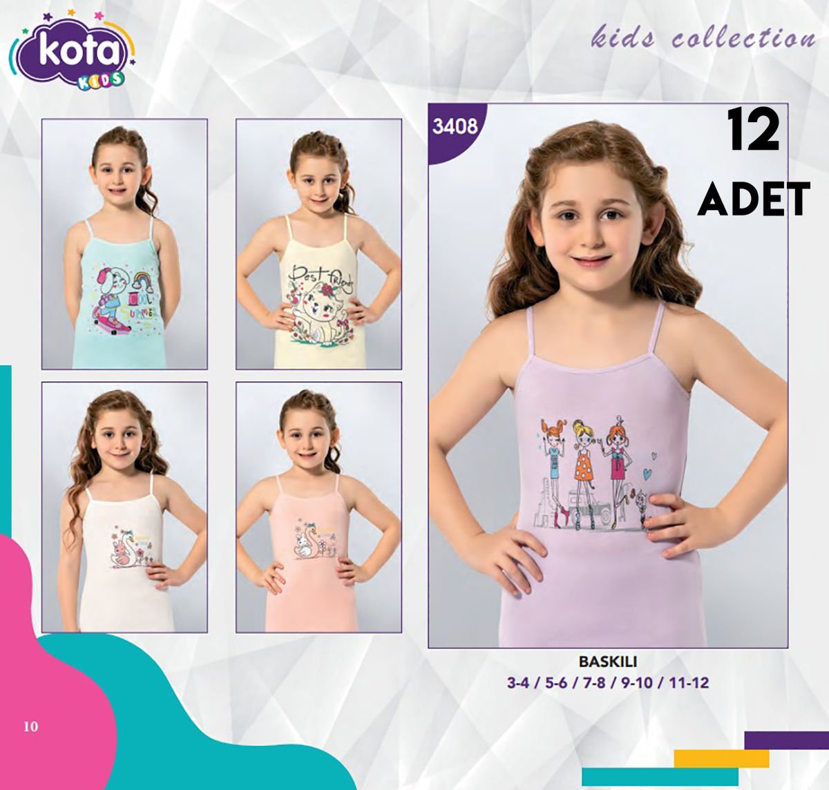 Kota 3408 Parça Baskılı Kız Çocuk Atlet 12'li KARISIKRENK - 7-8 YAŞ