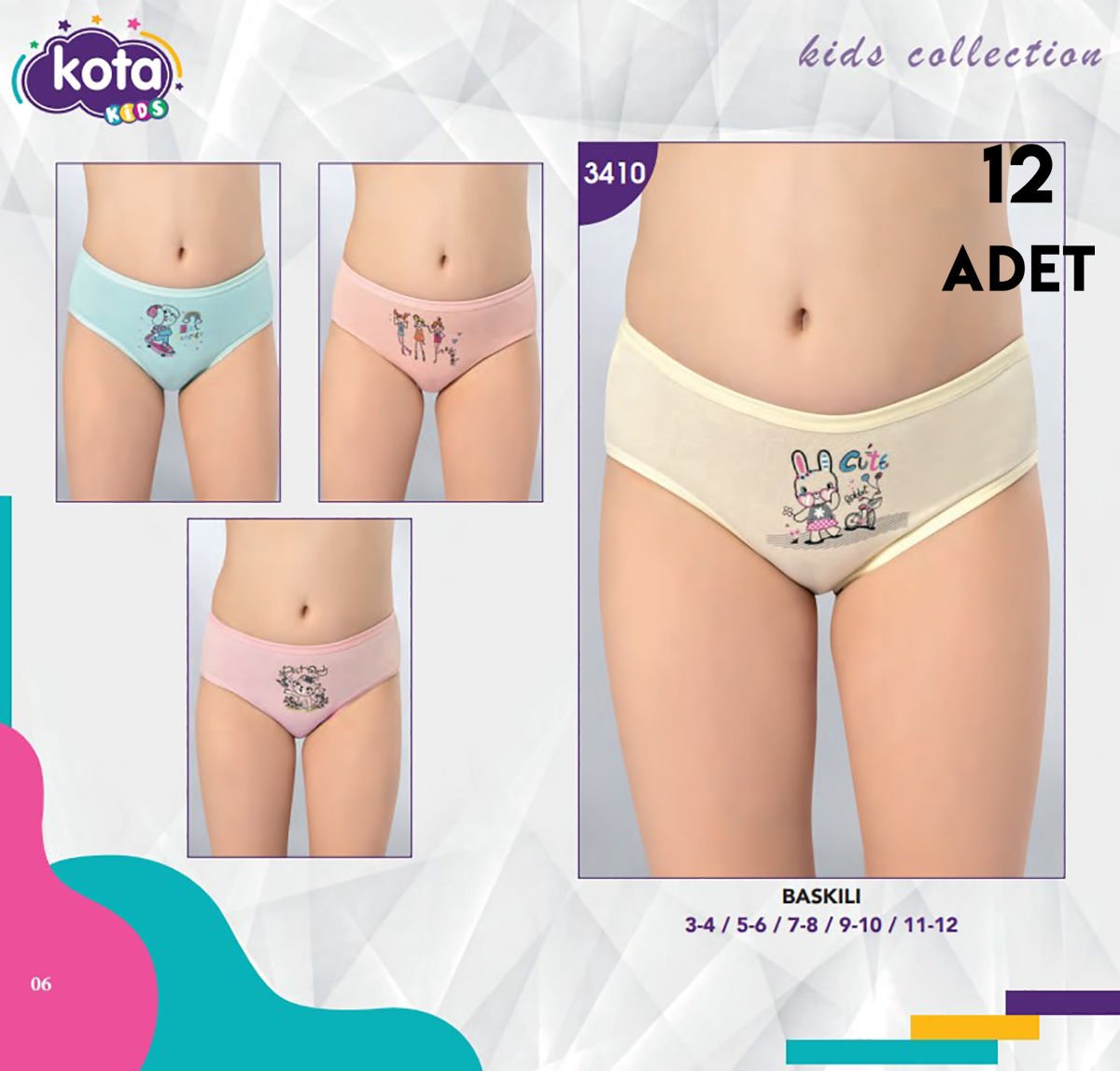 Kota 3410 Parça Baskılı Kız Çocuk Külot 12'li