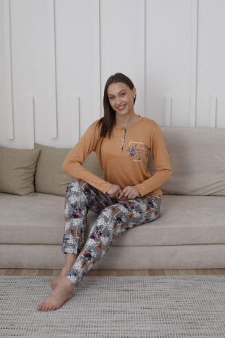 Kapitex 59108 Bambu Ring Viskon Bayan Uzun Kol Pijama Takım 4'lü