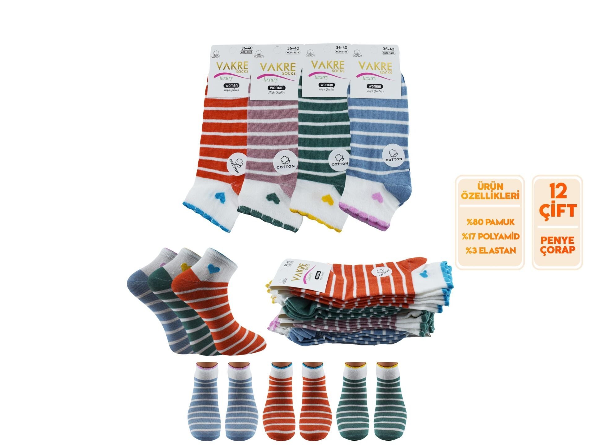 Vakre 9328-24 (36-40) Bayan Penye Patik Çorap 12'li