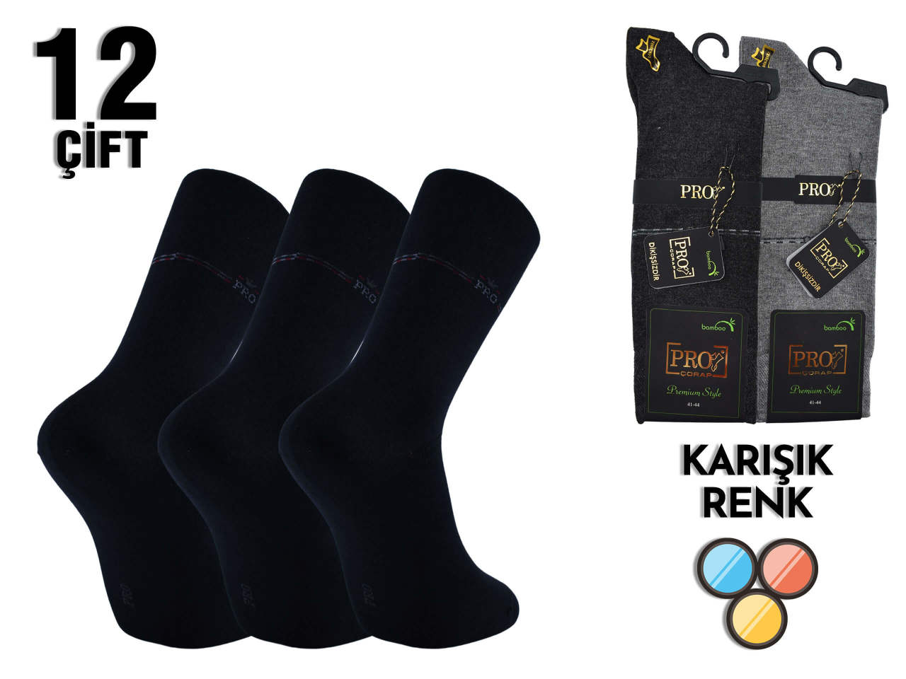 PRO 17619 Dikişsiz Likralı Erkek Bambu Çorap 12'li
