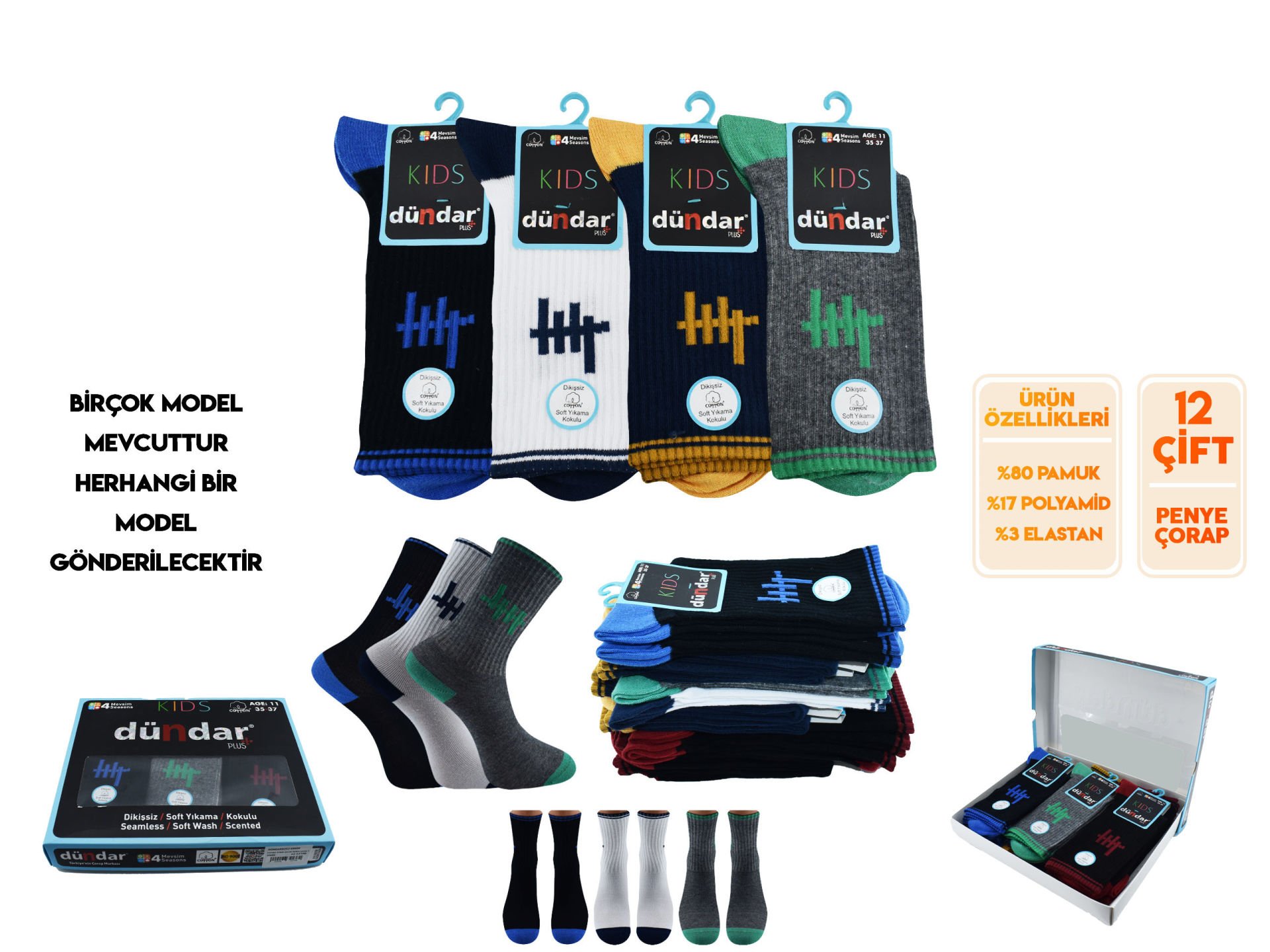 Dündar Erkek Çocuk Dikişsiz Yıkamalı Kokulu Çorap 12'li