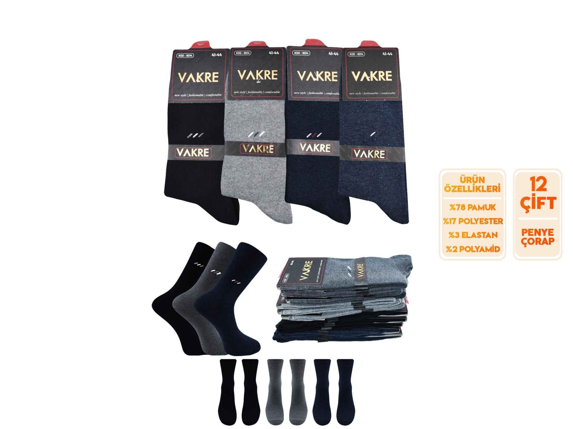 Vakre 9014-28 (41-44) Erkek Penye Likralı Çorap 12'li